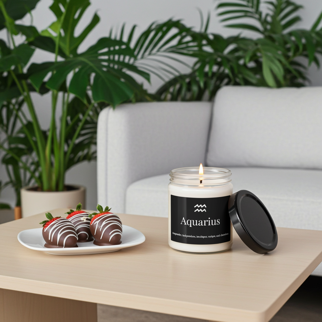 Candle labeled 'Aquarius' on a table with desserts and plants in the background