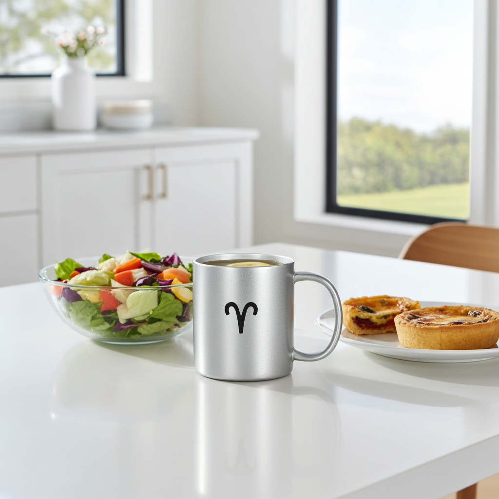 Silver mug with aries symbol on a kitchen counter with salad and pastries