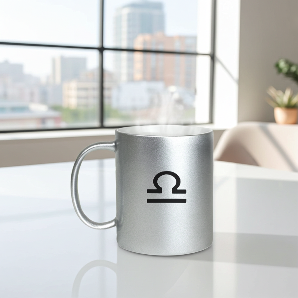 Silver mug with a black Libra symbol on a white surface in an office setting