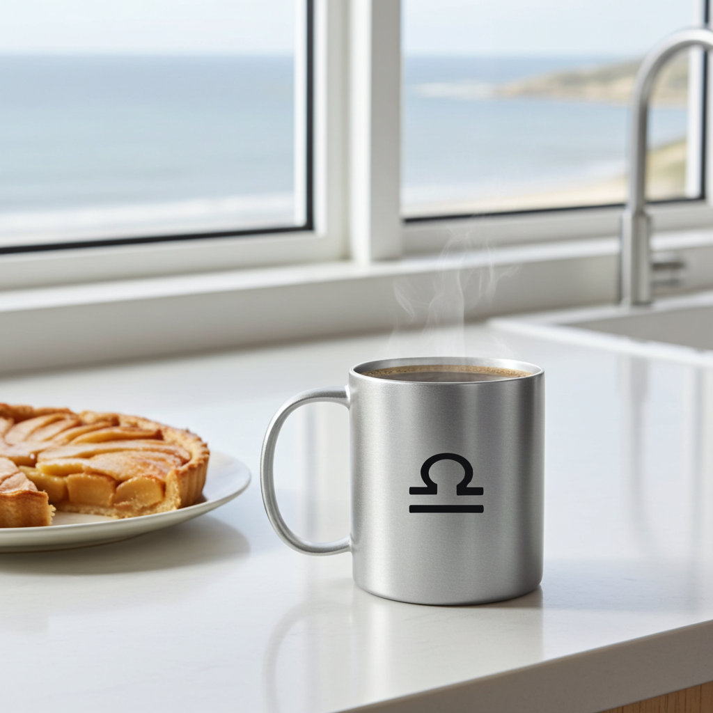 A stainless steel coffee mug with a black Libra zodiac symbol, filled with steaming coffee and sitting on a white kitchen counter next to a pastry, with a window and ocean view in the background.