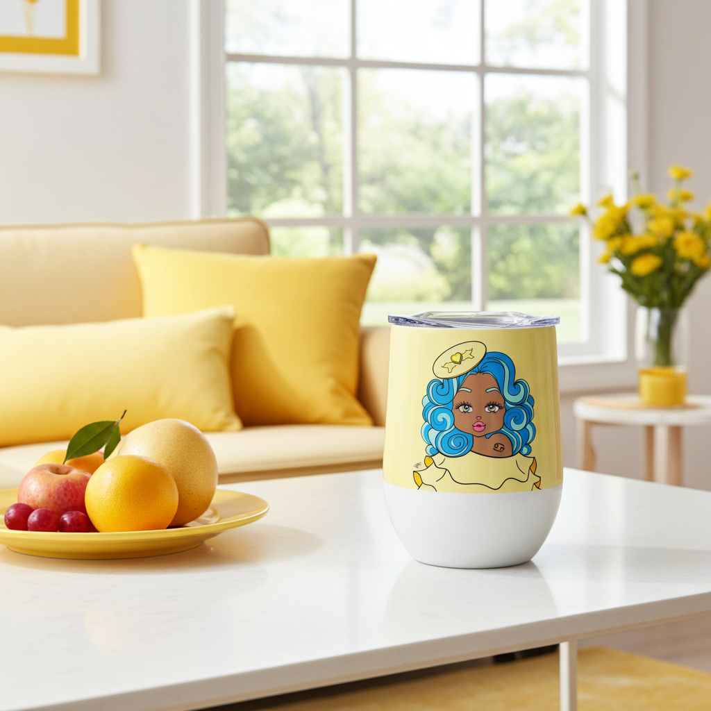 Mini Tumbler with a Cancerian character design on a table in a bright living room.