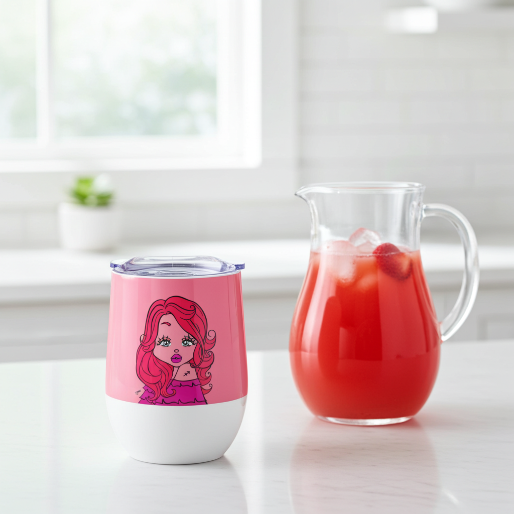 Pink tumbler with a Sagittarius character and glass pitcher with red drink on a white surface.