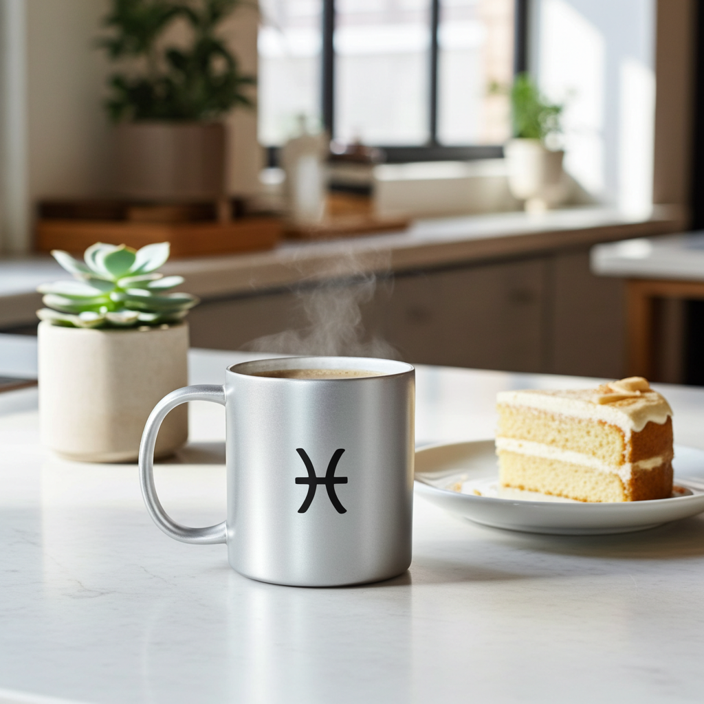 Silver mug with a Pisces symbol on a kitchen counter with a cake and plants in the background