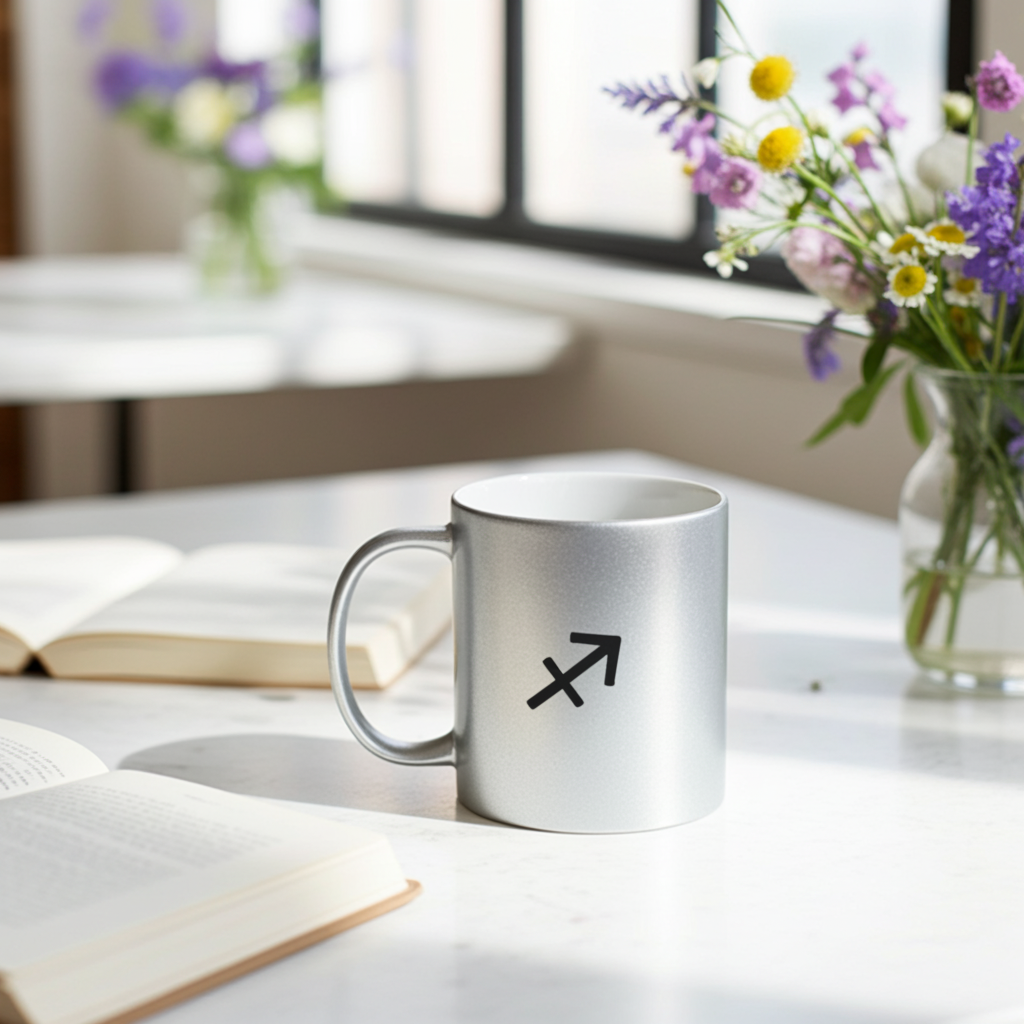 Silver mug with a black sagittarius symbol on a table with books and flowers