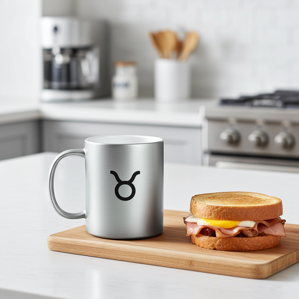 Silver mug with Taurus symbol on a kitchen counter next to a sandwich
