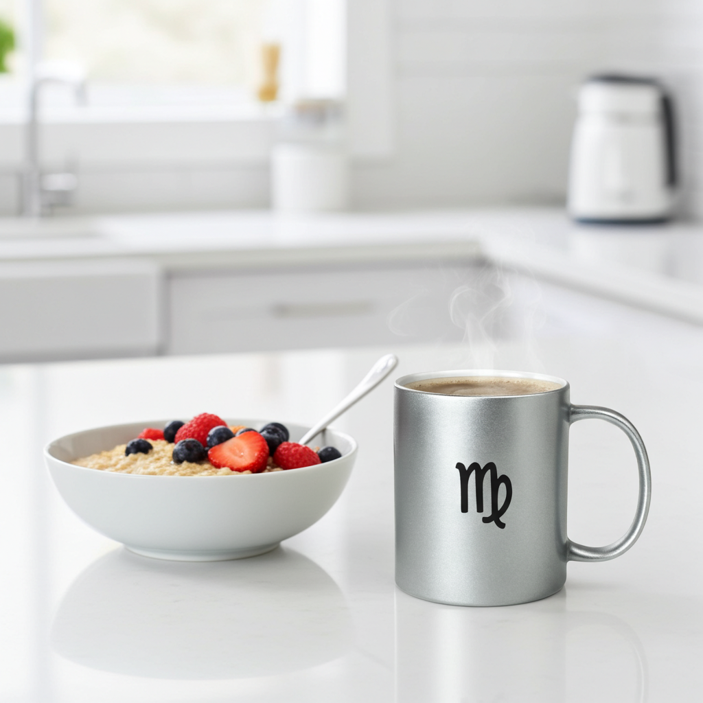 Silver mug with a Virgo symbol next to a bowl of cereal and fruit on a kitchen counter.
