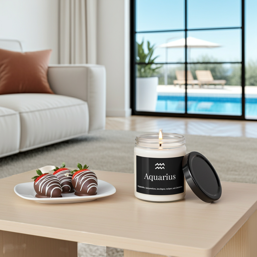 A lit white candle in a clear glass jar with a black lid resting beside it on a light wood table. The jar label reads 'Aquarius' with a small wave-like symbol.