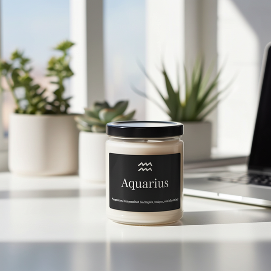 Candle jar labeled 'Aquarius' on a desk with plants and a laptop in the background