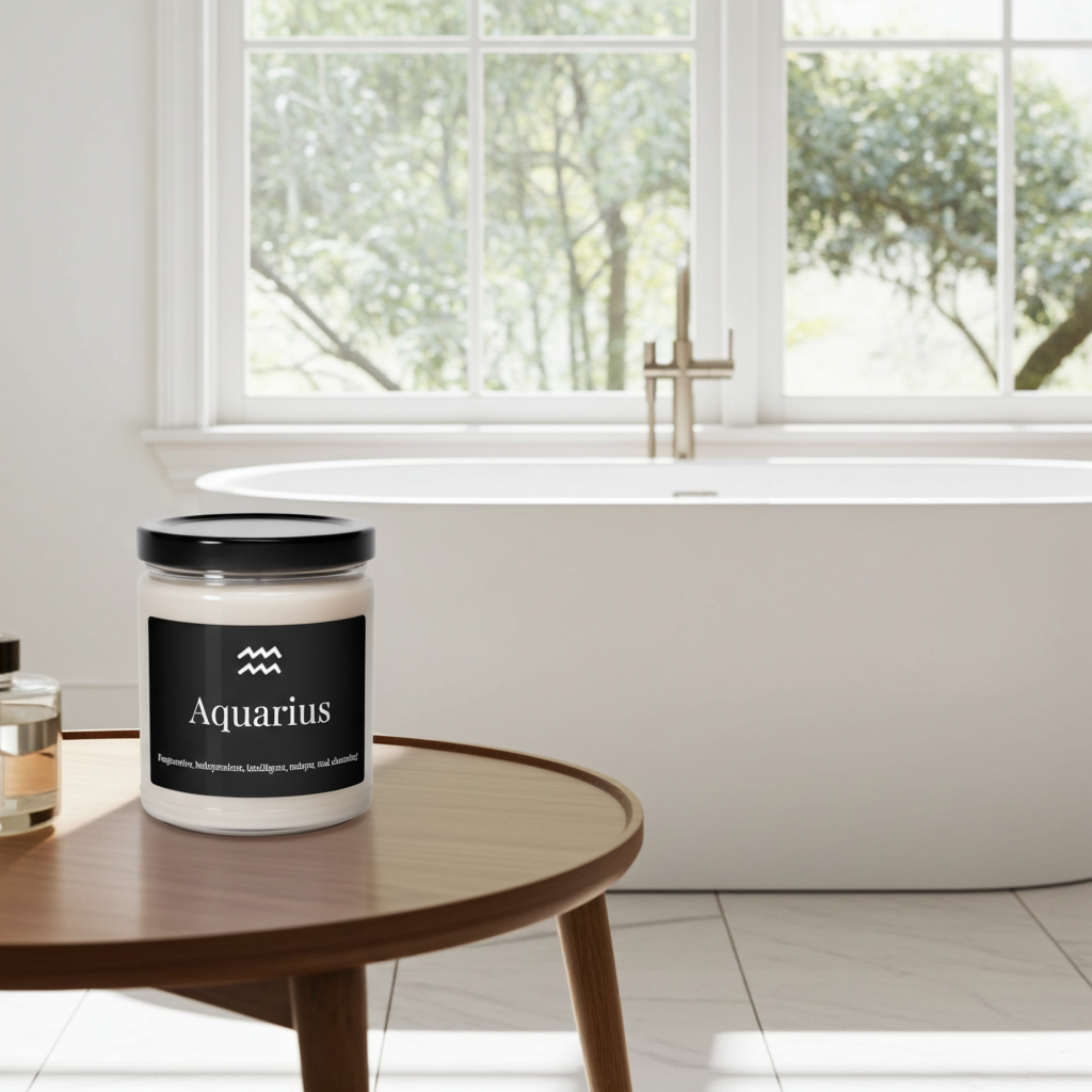 Candle labeled 'Aquarius' on a wooden table by a window
