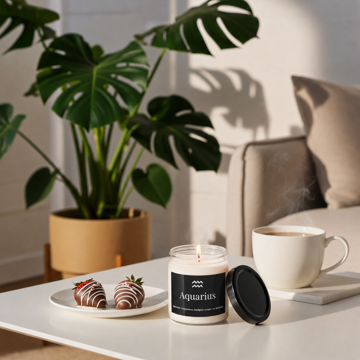 Candle labeled 'Aquarius' on a table with desserts and plants in the background