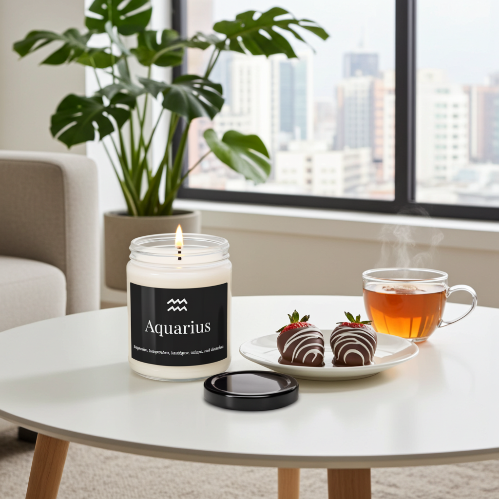 Candle labeled 'Aquarius' on a table with desserts and plants in the background
