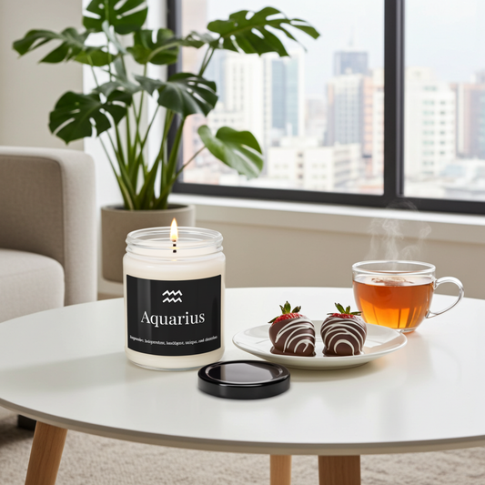 Candle labeled 'Aquarius' on a table with desserts and plants in the background