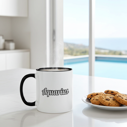 A white ceramic coffee mug with a black handle and rim, featuring the word 'Aquarius' in black script, set on a white table next to a plate of cookies with a bright window and pool view in the background.
