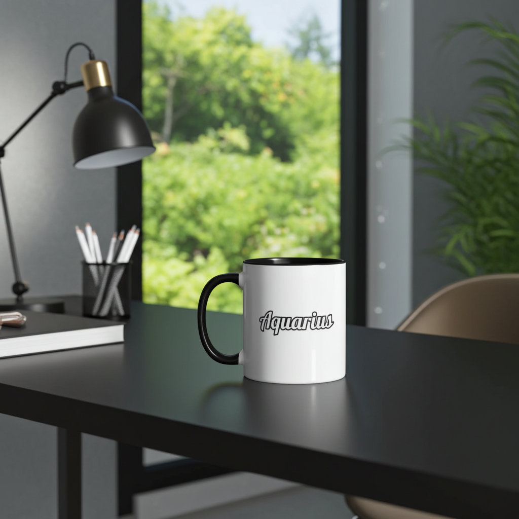 Black and white mug with 'Aquarius' text on a desk with a lamp and plants in the background