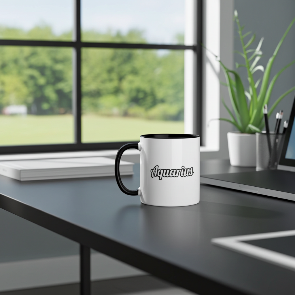 Mug with 'Aquarius' on a desk in a bright office setting