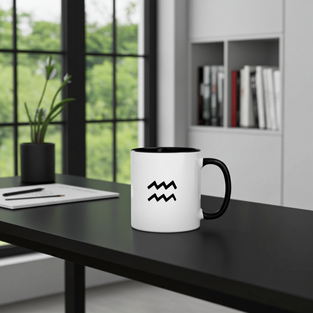 White mug with black handle and Aquarius symbol on a desk with a window view