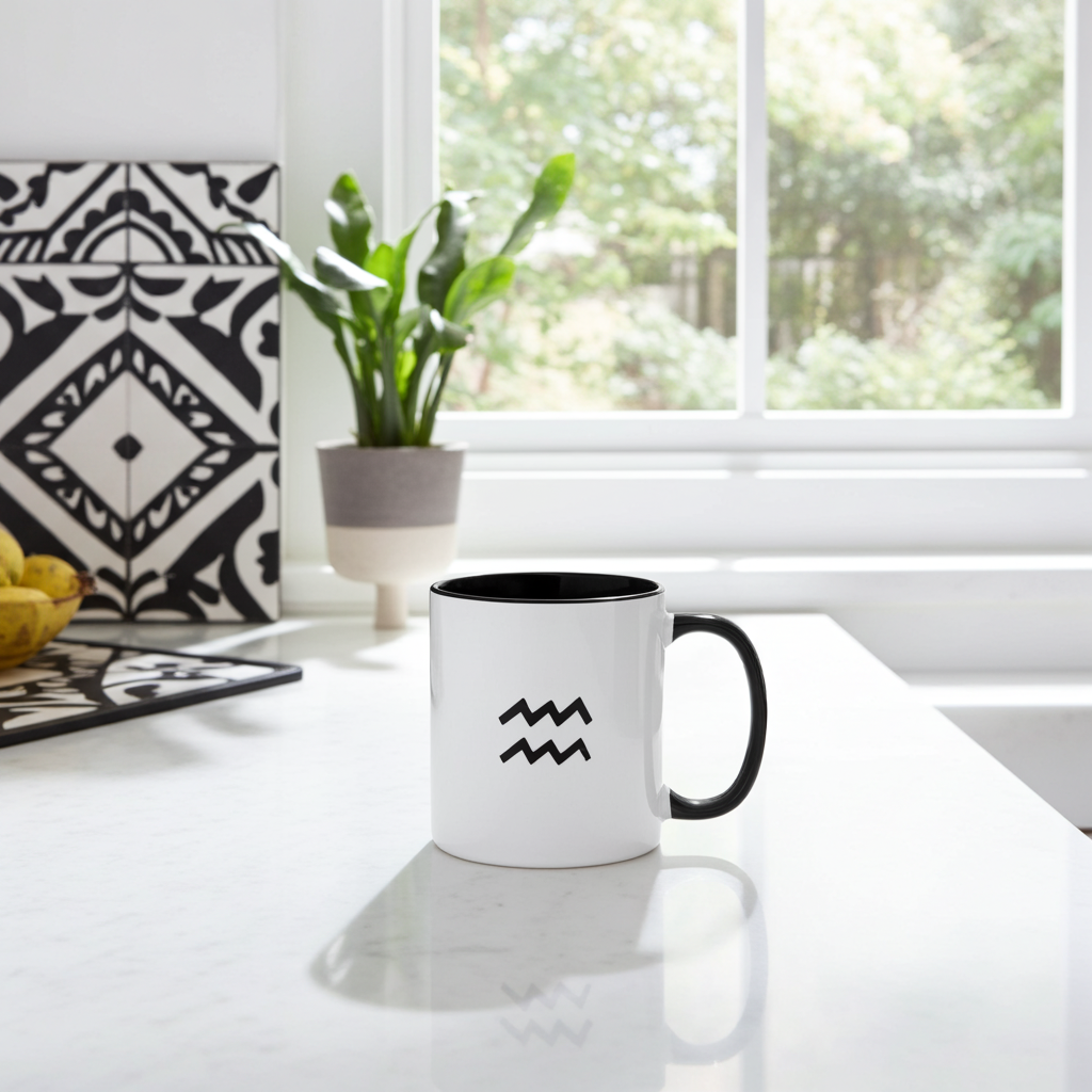 White mug with black handle and Aquarius symbol on a white surface with a window in the background