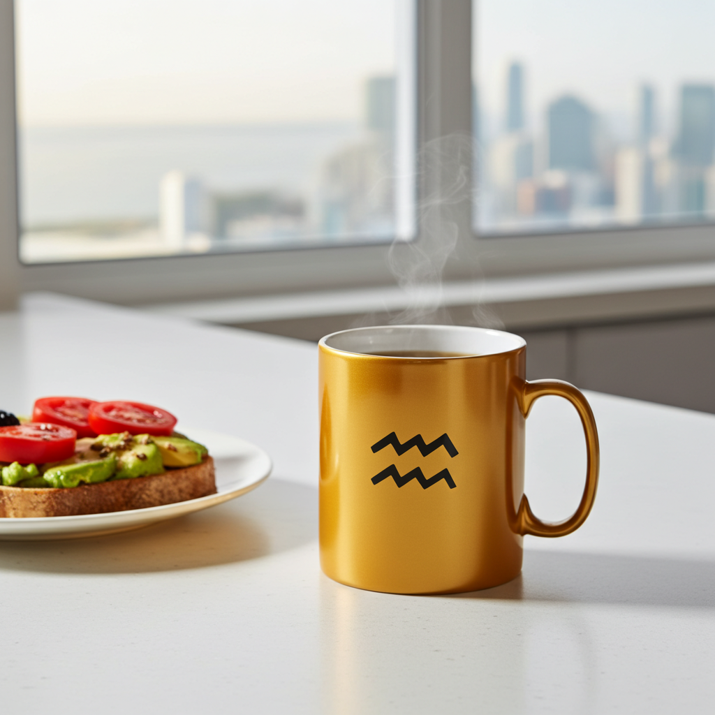 A metallic gold ceramic mug with a black Aquarius zodiac symbol, shown on a white table with a plate of avocado toast in the background near a window.