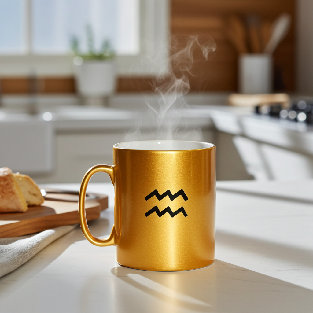 Gold mug with Aquarius symbol on a kitchen counter with steam rising
