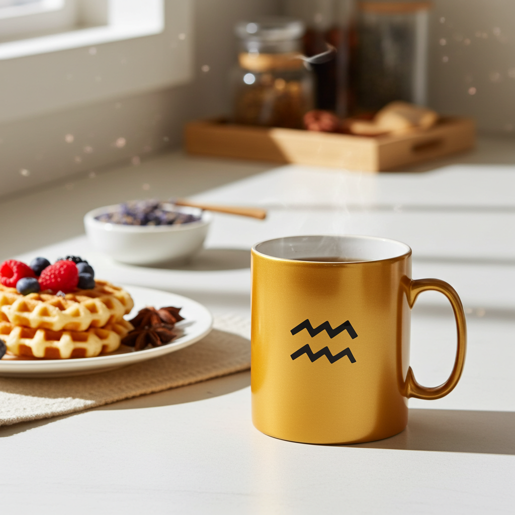 Gold mug with a black Aquarius symbol on a kitchen counter with waffles and berries.