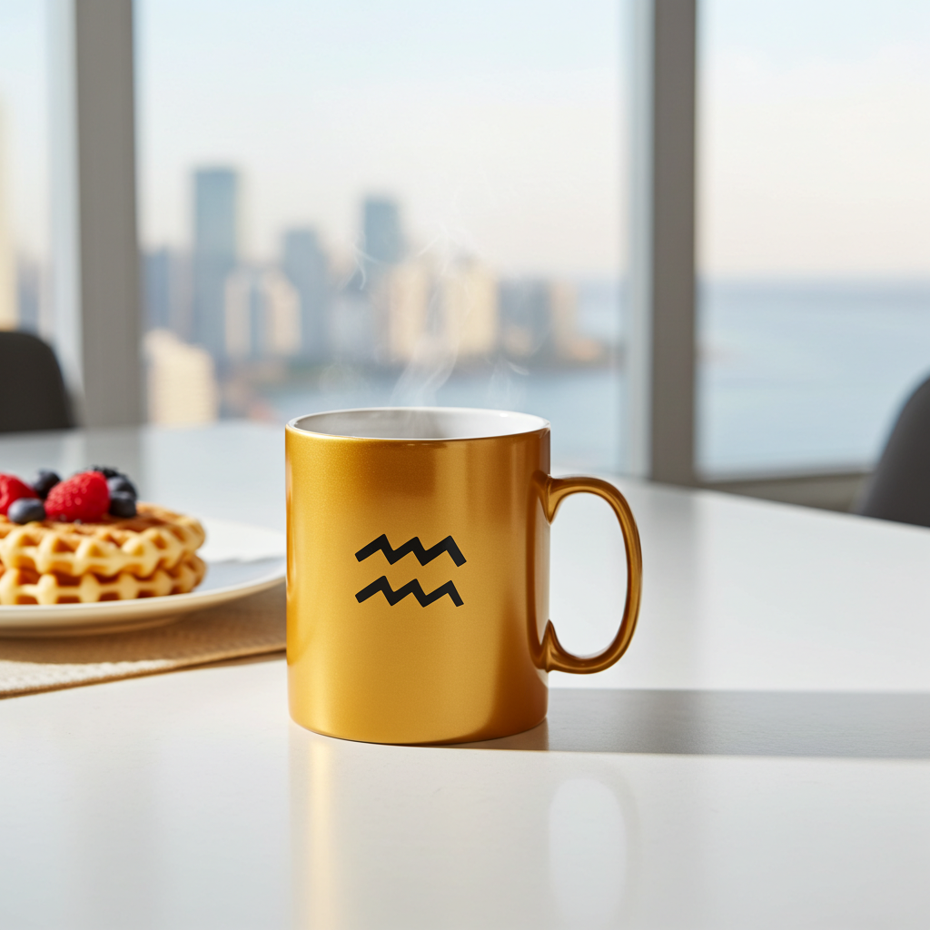 A metallic gold ceramic mug with a black aquarius symbol on the front, sitting on a white table in a bright room with a blurred city skyline and ocean view in the background. A plate of waffles with berries is visible on the left.