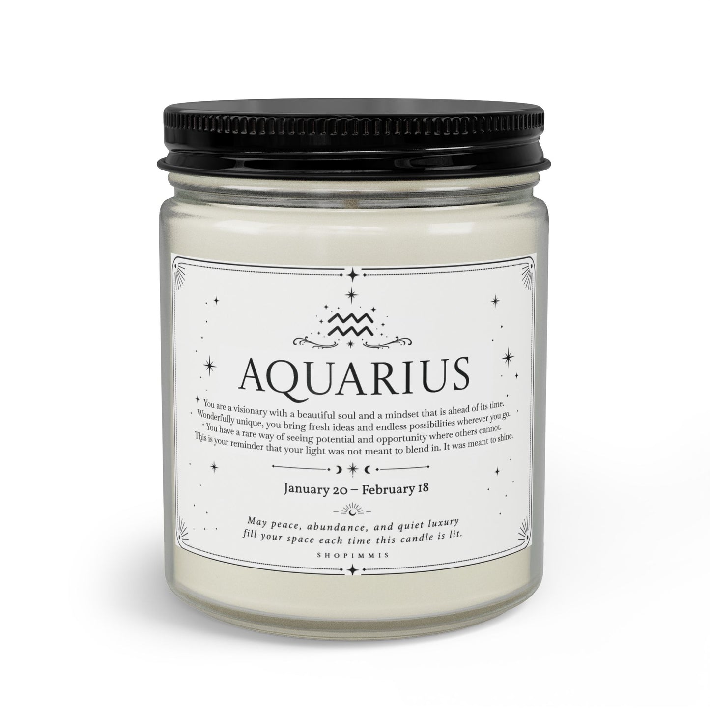 Candle jar with 'Aquarius' label on a white background