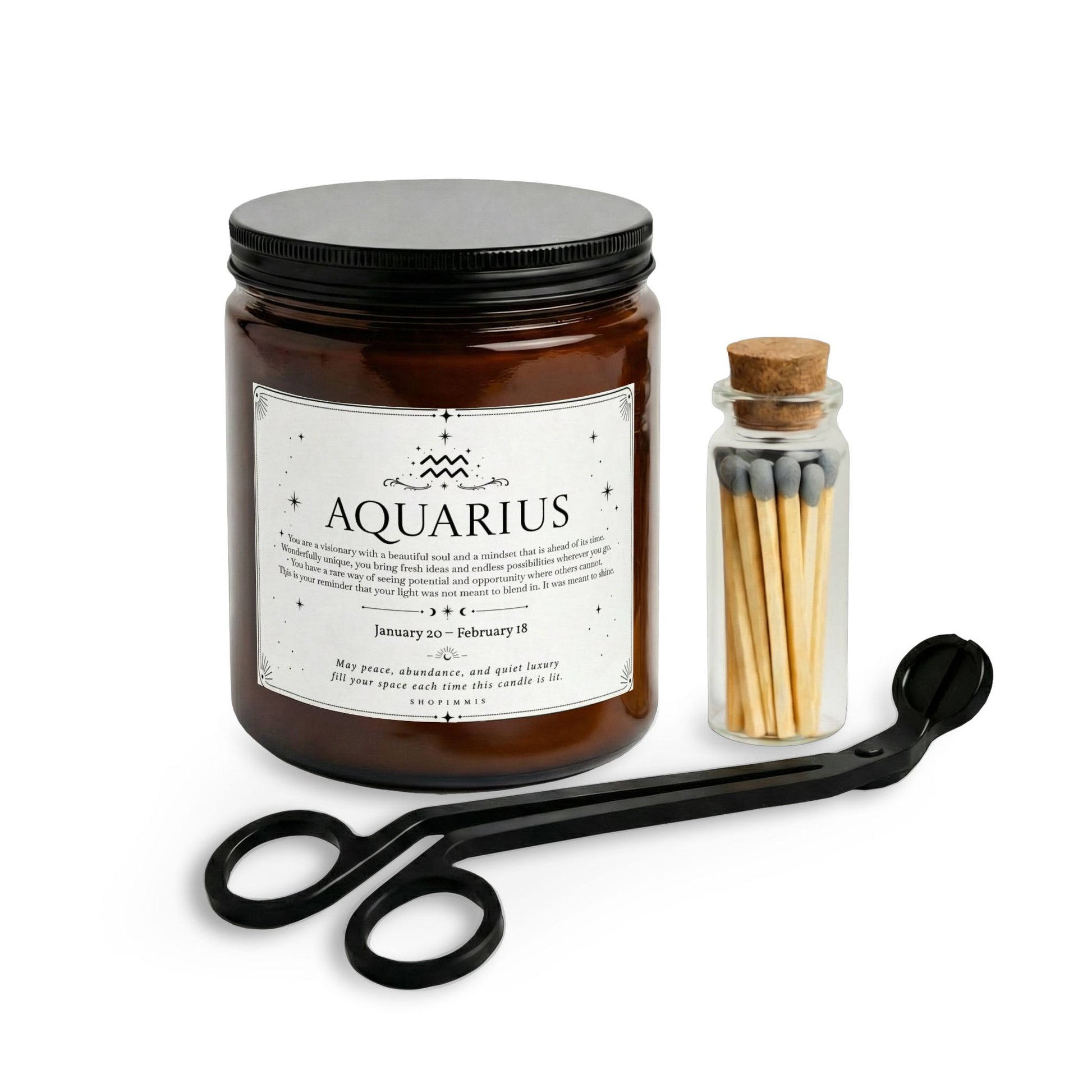 Candle labeled 'Aquarius' with matches and tongs on a white background