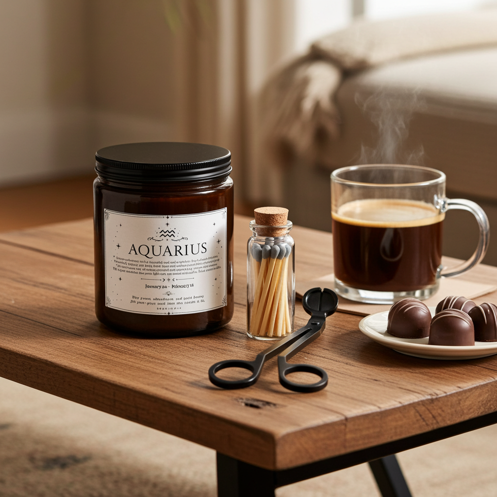 Candle labeled 'Aquarius' on a wooden table with coffee, chocolates, and matches.