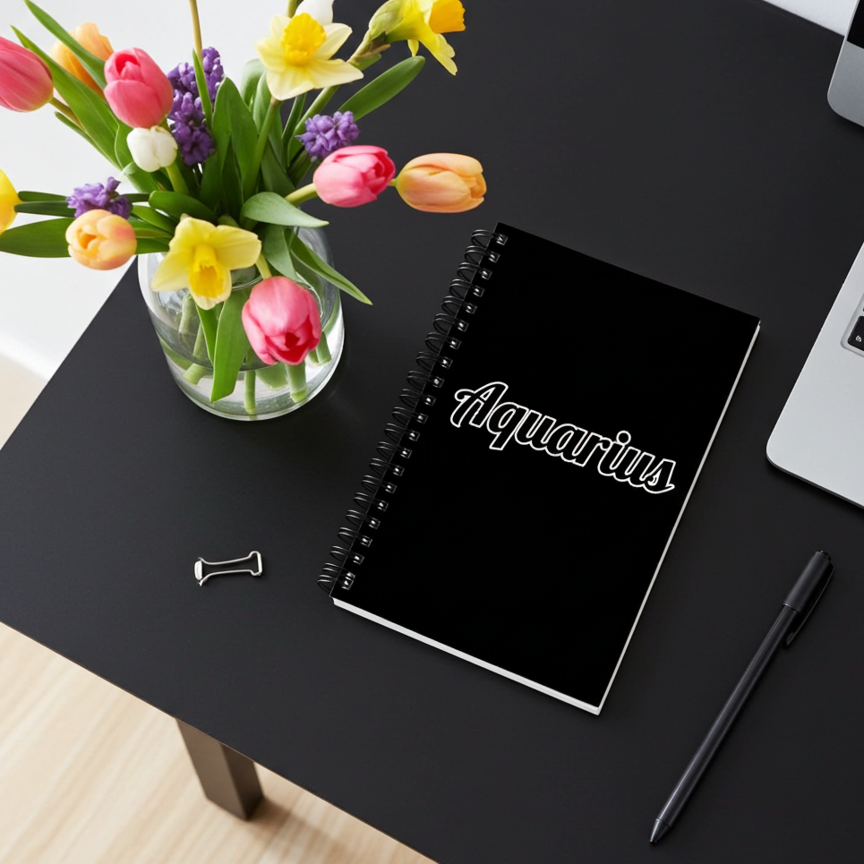 Black notebook with 'Aquarius' on a desk with flowers and a laptop.
