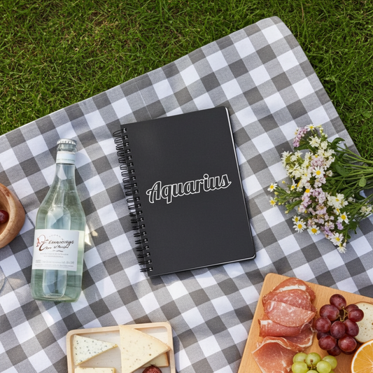 Black notebook with 'Aquarius' design on a checkered blanket with picnic items.