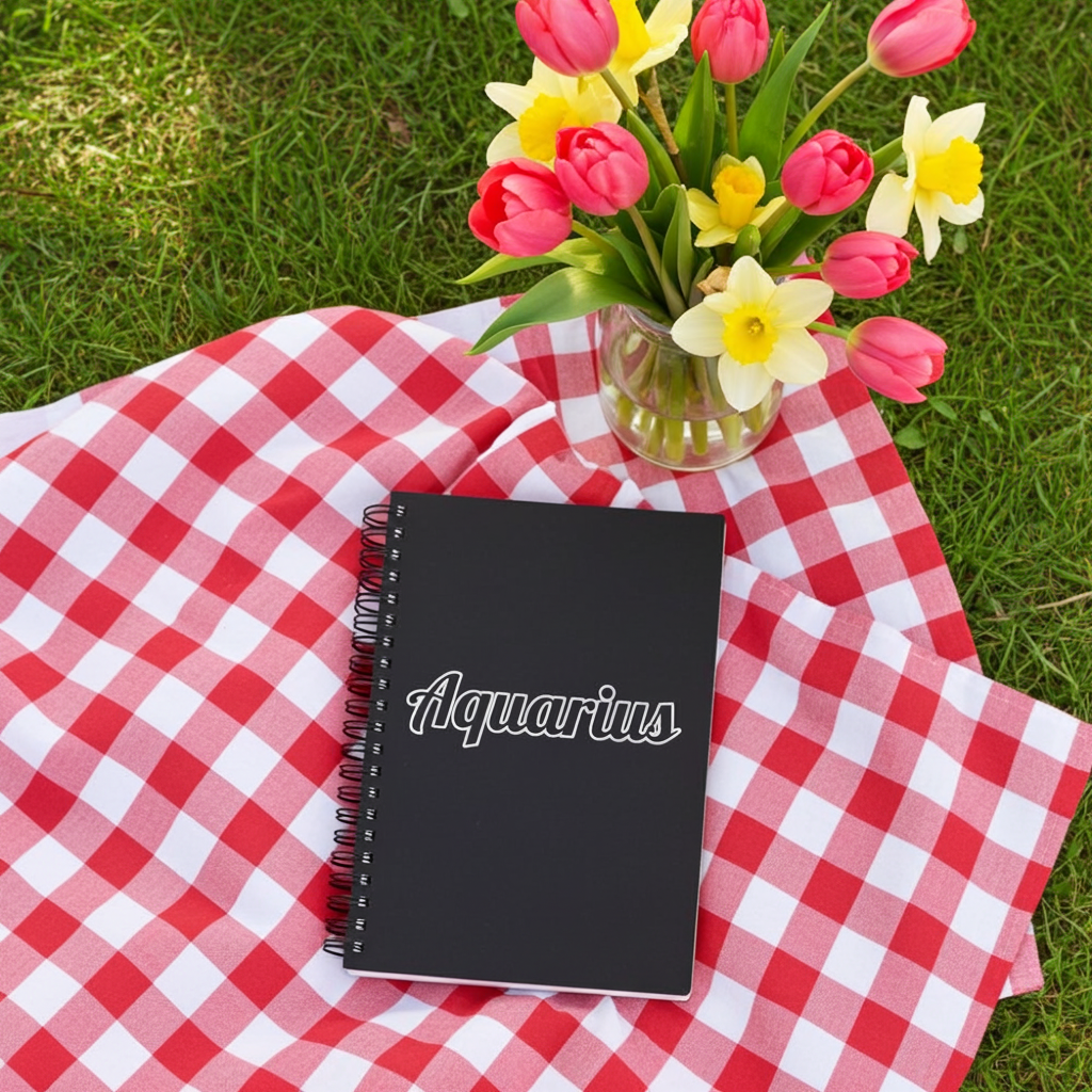 Notebook with 'Aquarius' on a red and white checkered blanket with flowers on grass