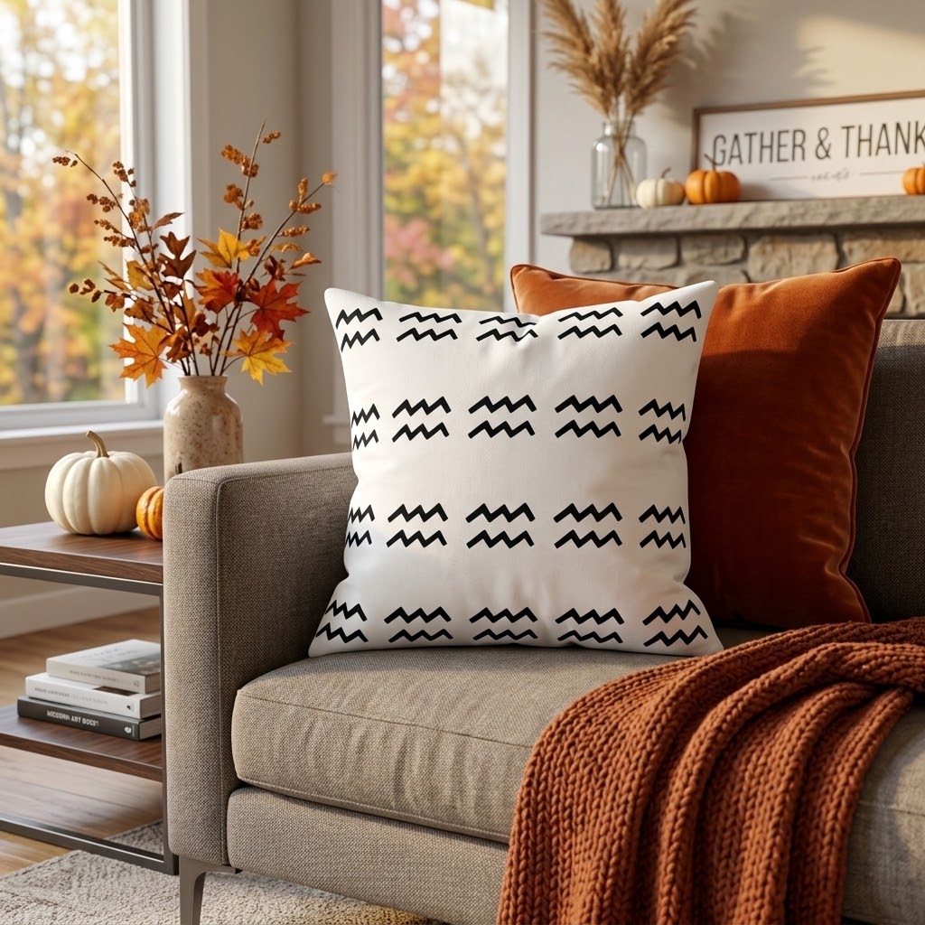 A square throw pillow with a black Aquarius pattern on an off-white background, styled on a gray sofa next to an orange velvet pillow and a rust-colored knit throw blanket in a cozy autumn living room setting.