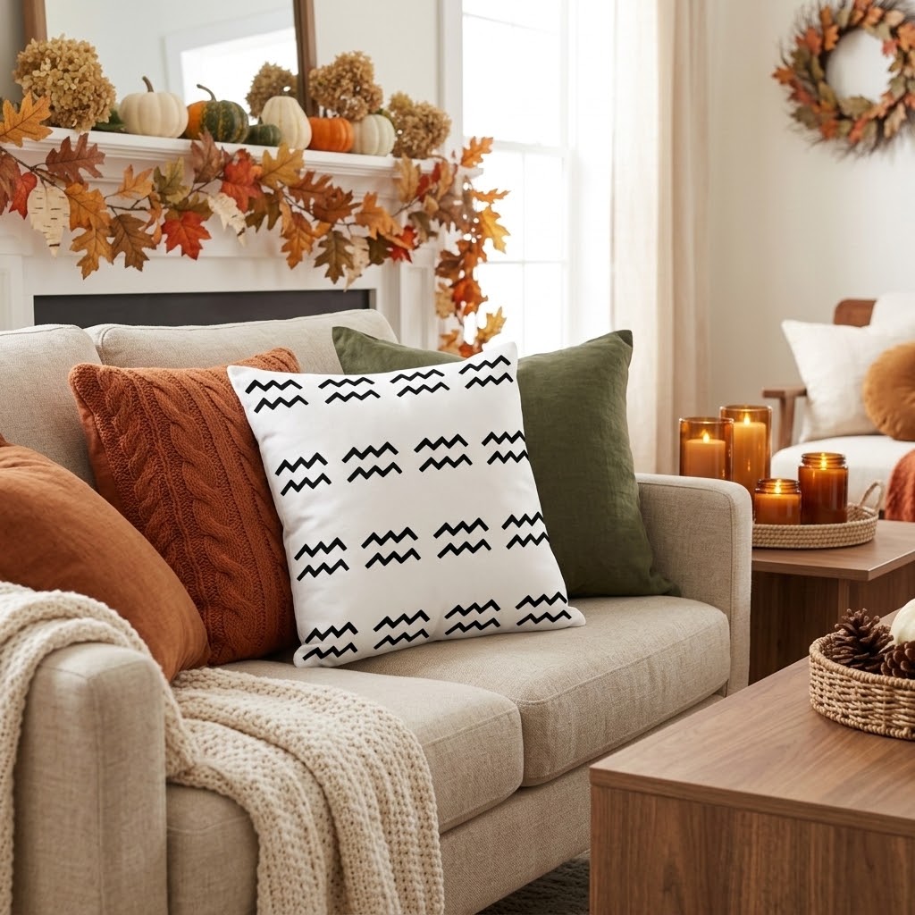 A beige sofa in a cozy living room styled for fall, featuring a white throw pillow with a black Aquarius pattern, alongside rust, olive green, and cream pillows, a knit blanket, and a fireplace mantel decorated with pumpkins and autumn leaves.