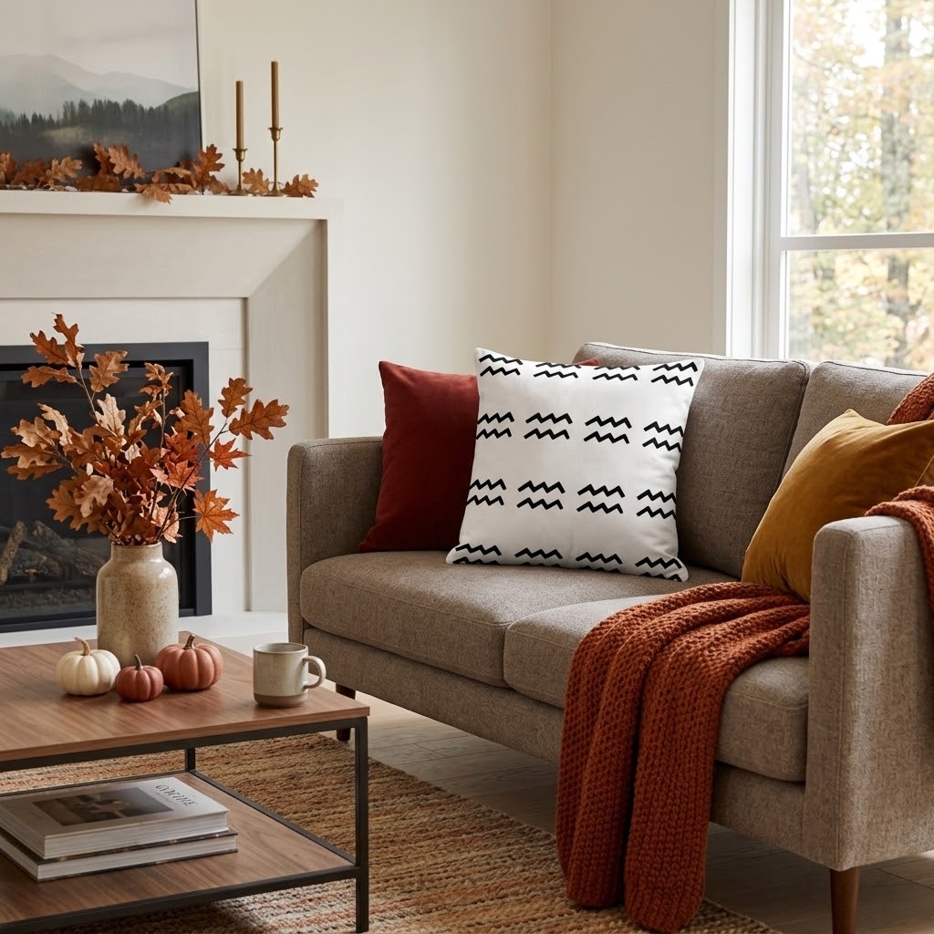 A cozy living room scene with a beige upholstered loveseat. The sofa is styled with a white throw pillow featuring a black aquarius pattern, a rust red pillow, a mustard yellow pillow, and a rust orange knit throw blanket.