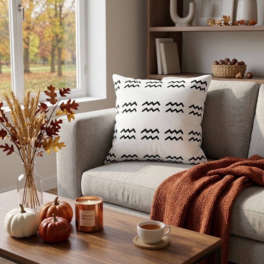A white throw pillow with a black aquarius pattern sits on a light gray sofa in a cozy living room setting with an autumn-themed coffee table and warm throw blanket.