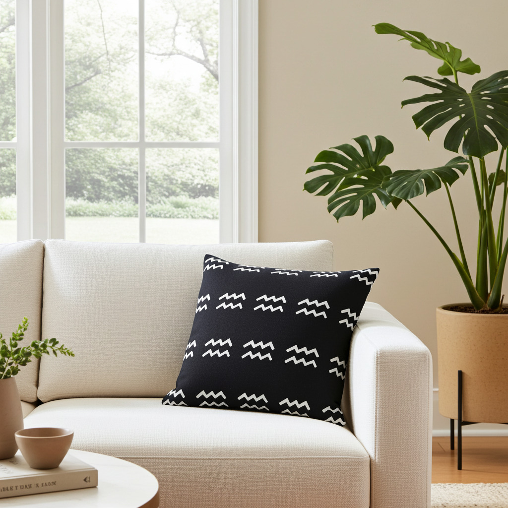 Black pillow with white aquarius patterns on a beige sofa in a living room with a plant and window.