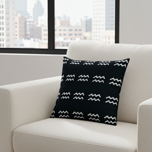 Black pillow with white pattern on a beige couch in a room with large windows.