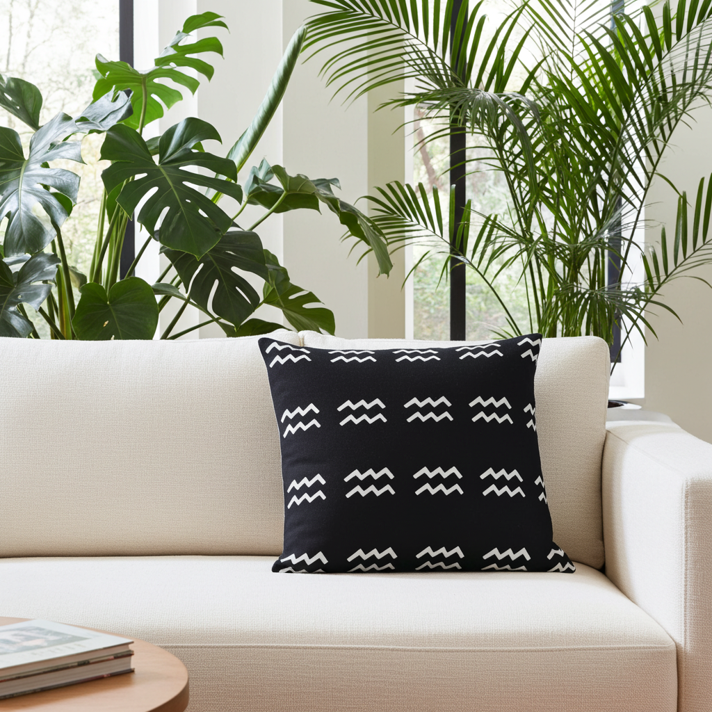 Black pillow with white aquarius patterns on a beige sofa with plants in the background