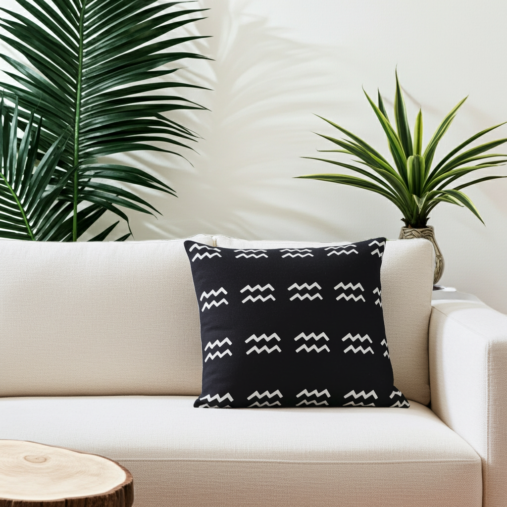 Black pillow with white aquarius patterns on a beige sofa with plants in the background