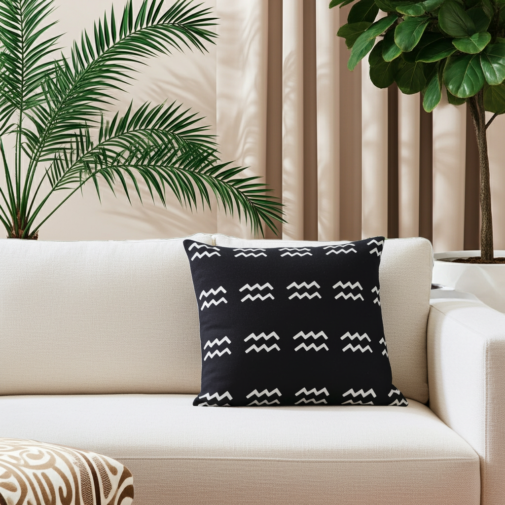 Black pillow with white aquarius patterns on a beige sofa with plants in the background
