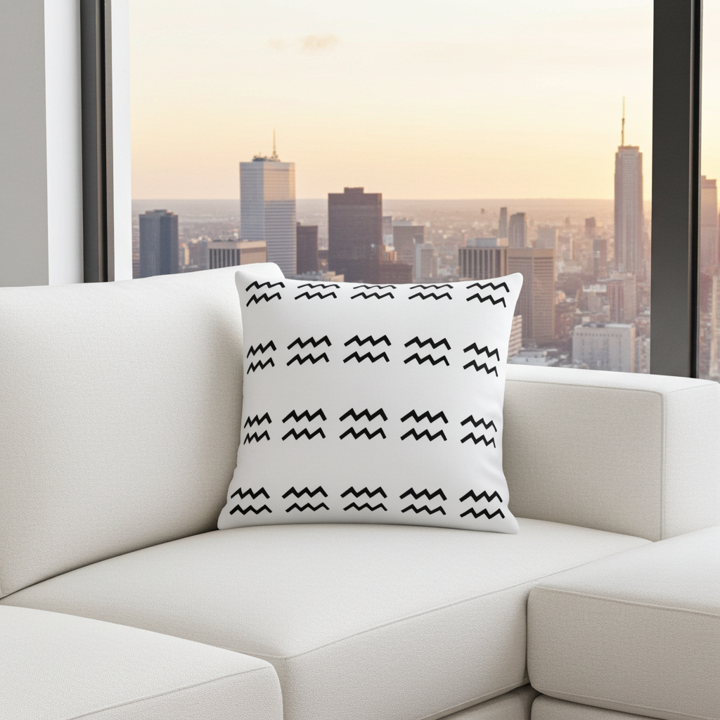 Decorative pillow with black pattern on a white sofa in front of a cityscape.
