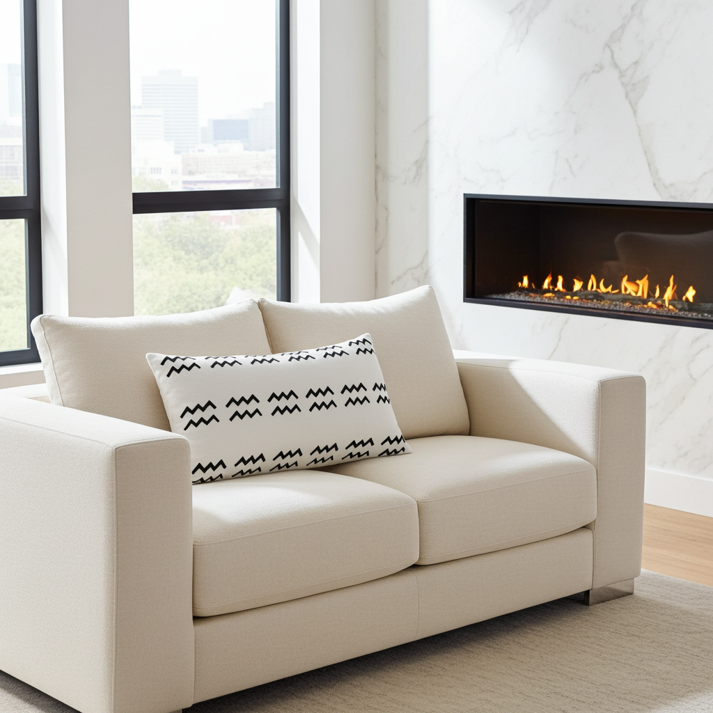Beige sofa with patterned cushions in a living room with a fireplace.