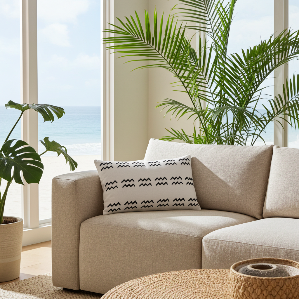 Beige sectional sofa with a decorative aquarius pillow in a room with large windows and plants.