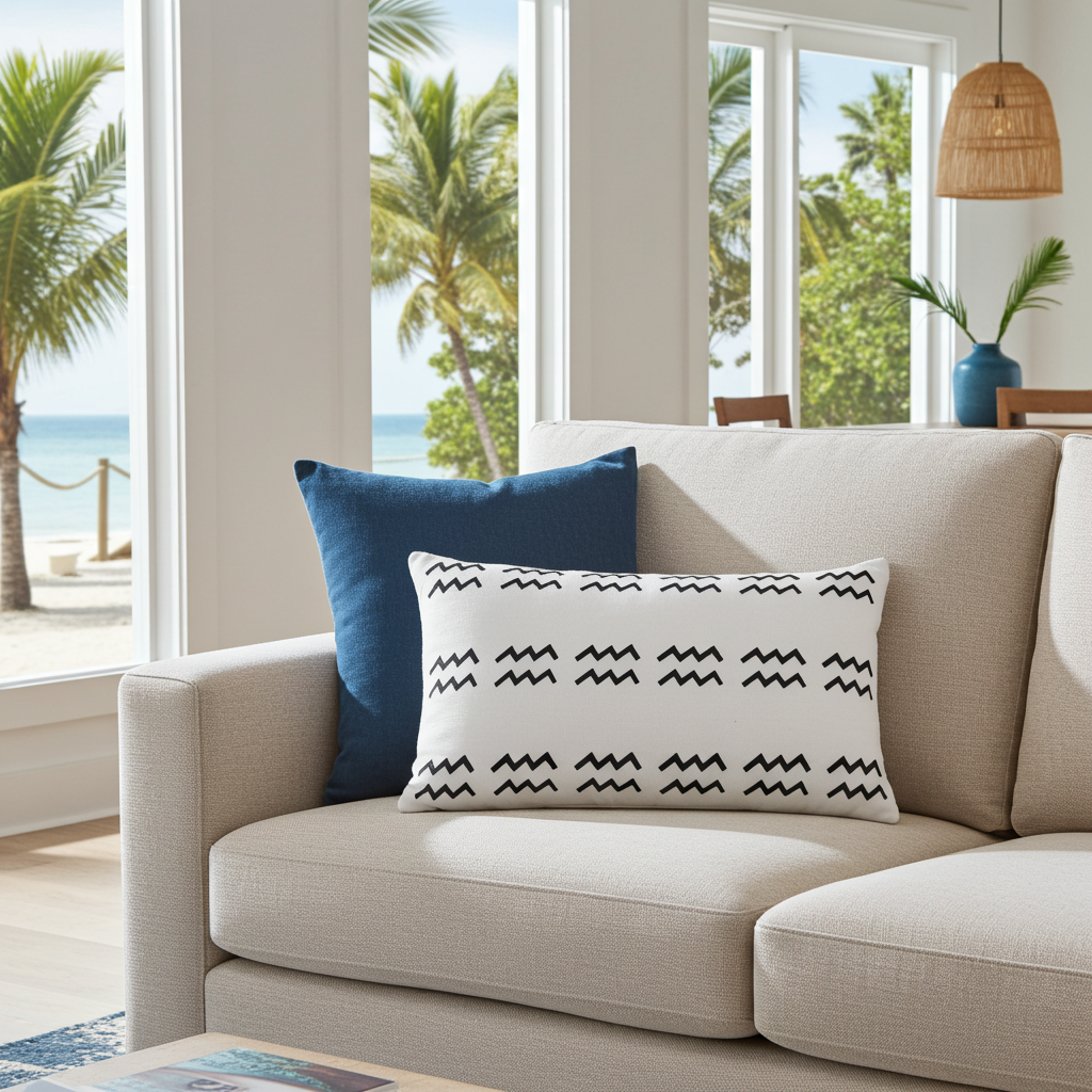 Beige sofa with an aquarius patterned white pillow in a room with large windows showing a beach view.