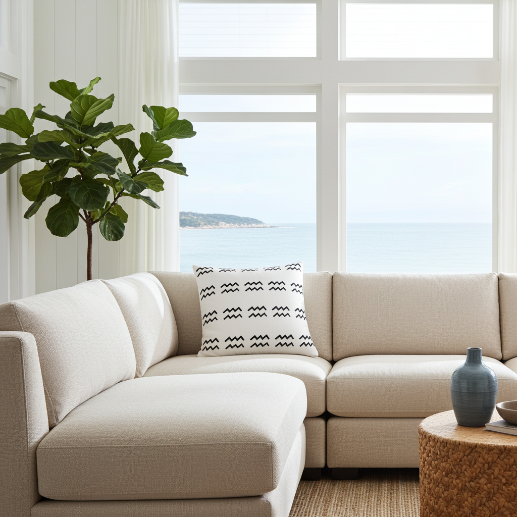Beige sectional sofa with a decorative aquarius pillow in a living room with large windows.