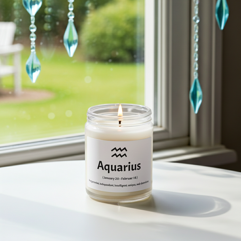 A lit white candle in a clear glass jar sits on a white windowsill, with a white label reading 'Aquarius' and astrological details. A real outdoor garden is visible through the window, along with hanging blue crystal ornaments.
