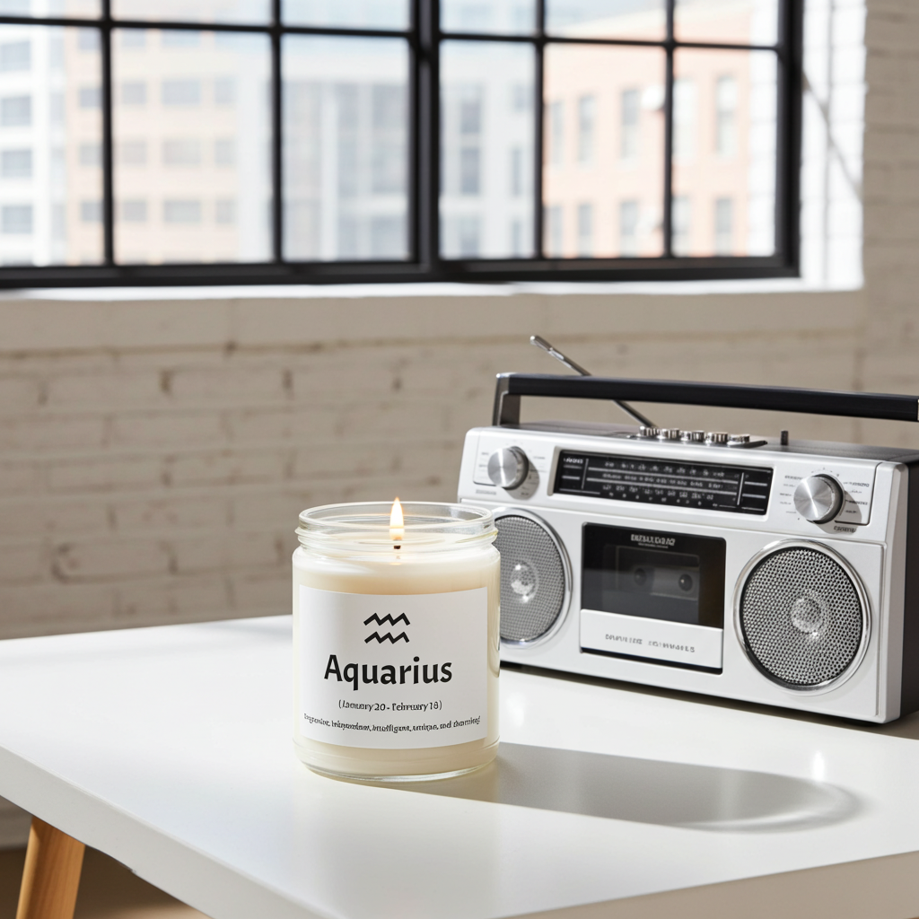 Candle labeled 'Aquarius' next to a vintage-style radio on a table with large windows in the background.