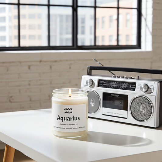 Candle labeled 'Aquarius' next to a vintage-style radio on a table with large windows in the background.