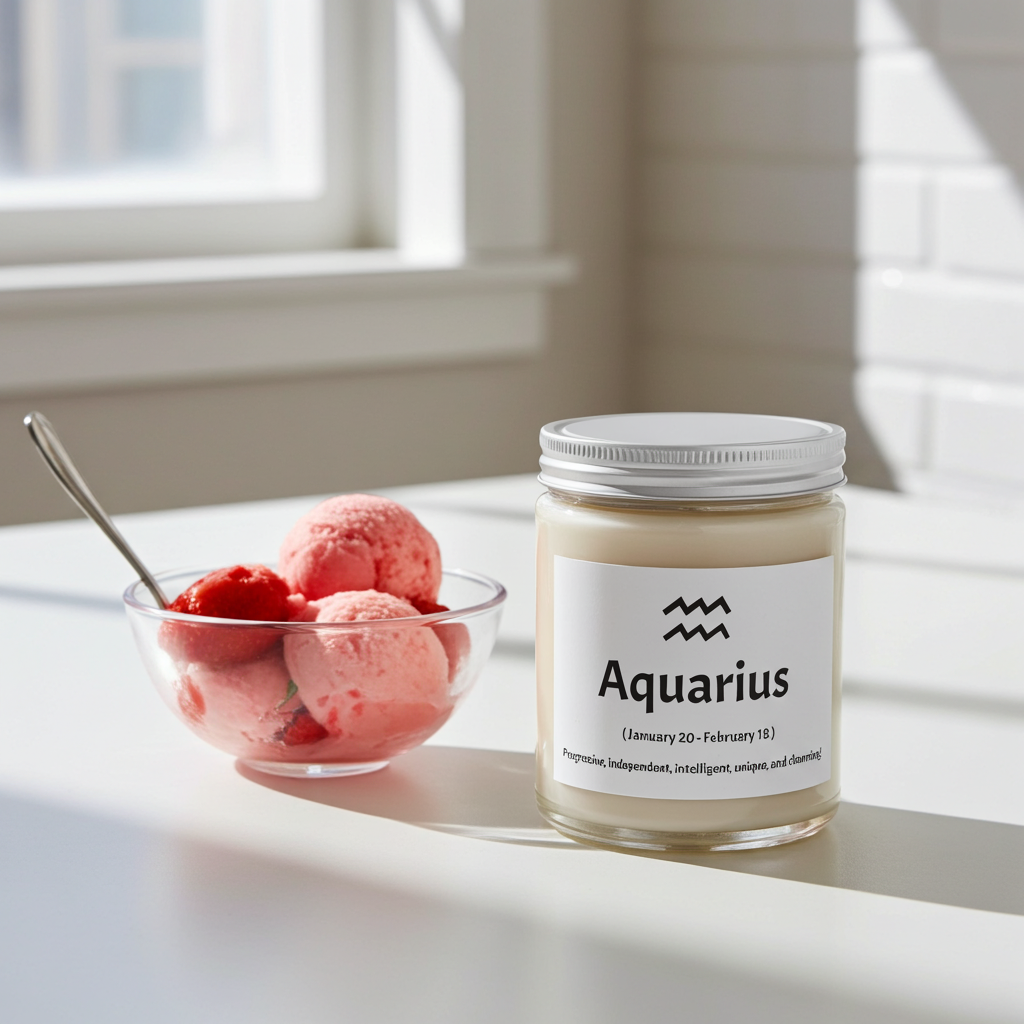 Jar labeled 'Aquarius' next to a bowl of pink ice cream on a light surface with a window in the background.