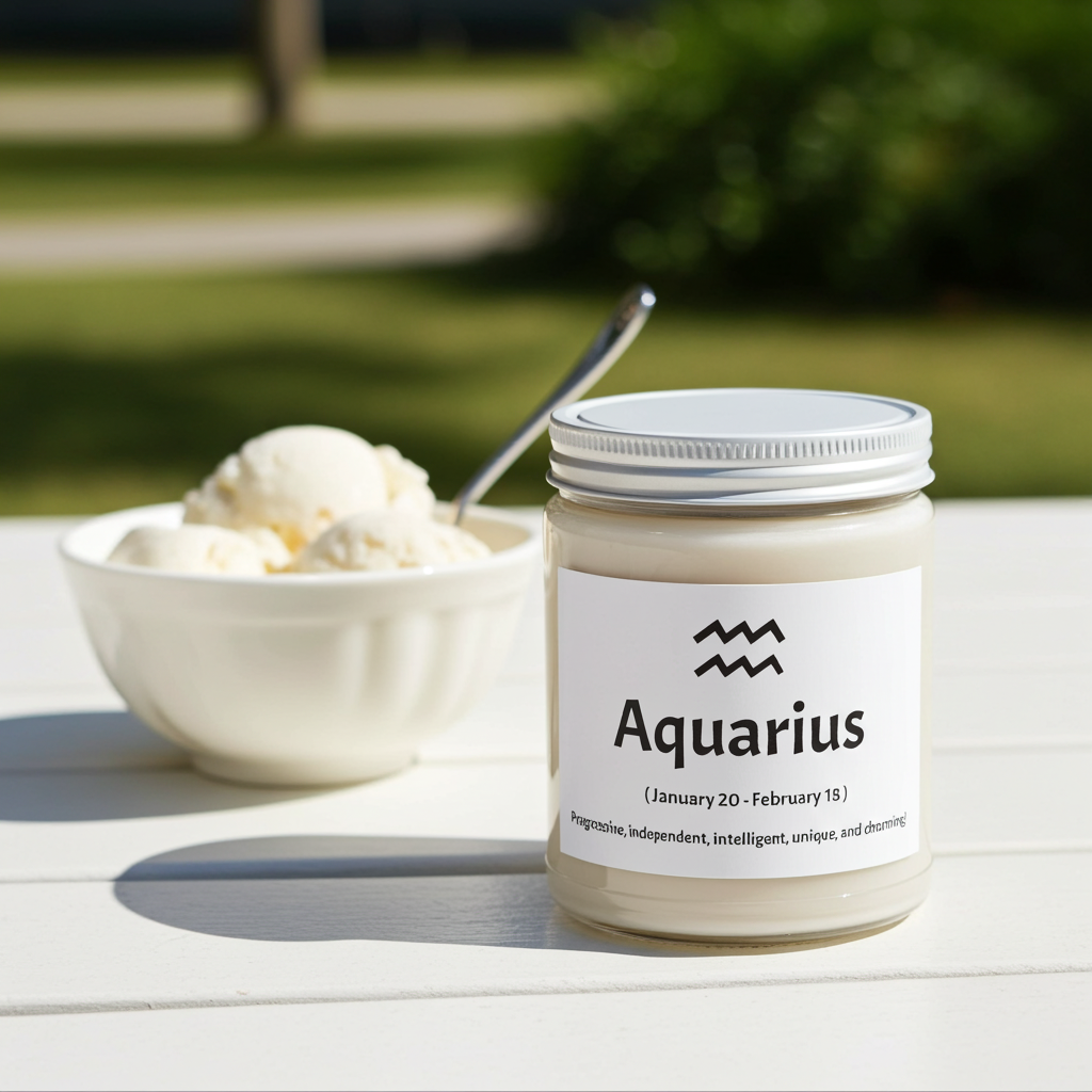 A candle labeled 'Aquarius' with a bowl of ice cream on a table outdoors.